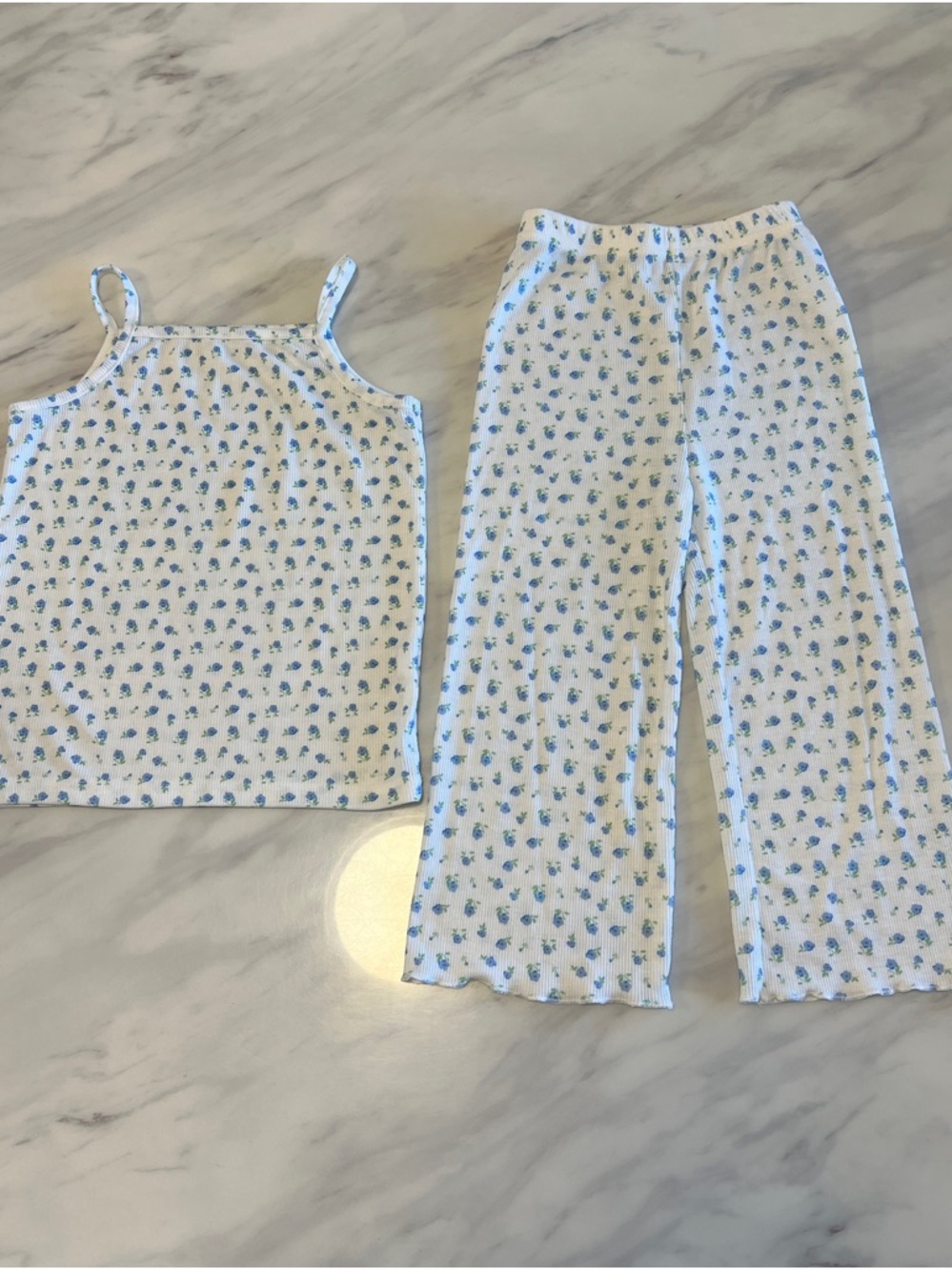 Girls' White and Blue Floral Pajama Set - Tank Top & Pants